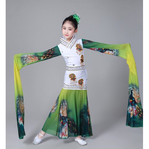 Girls Chinese folk ancient traditional fairy costumes kids water sleeves dress yangko fan umbrella photos cosplay dress